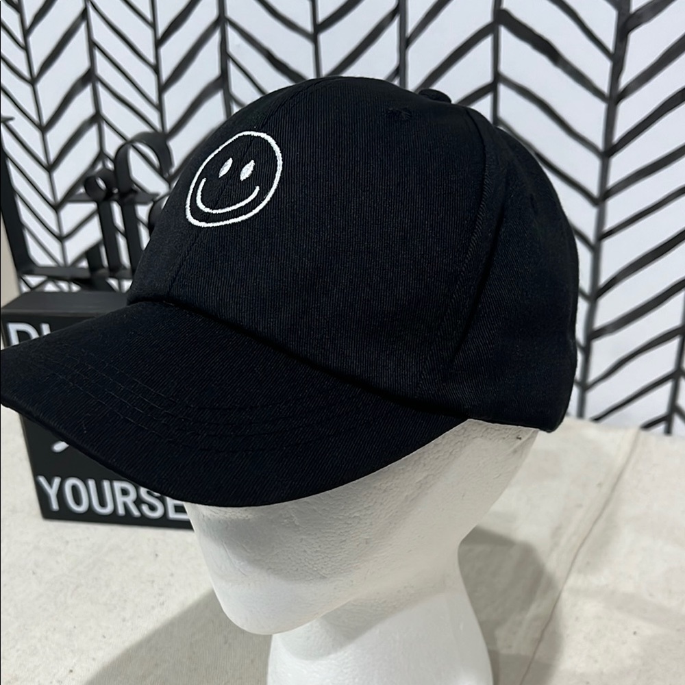 NWOT Black Smiley Face Structured Ball Cap, One Size Fits Most